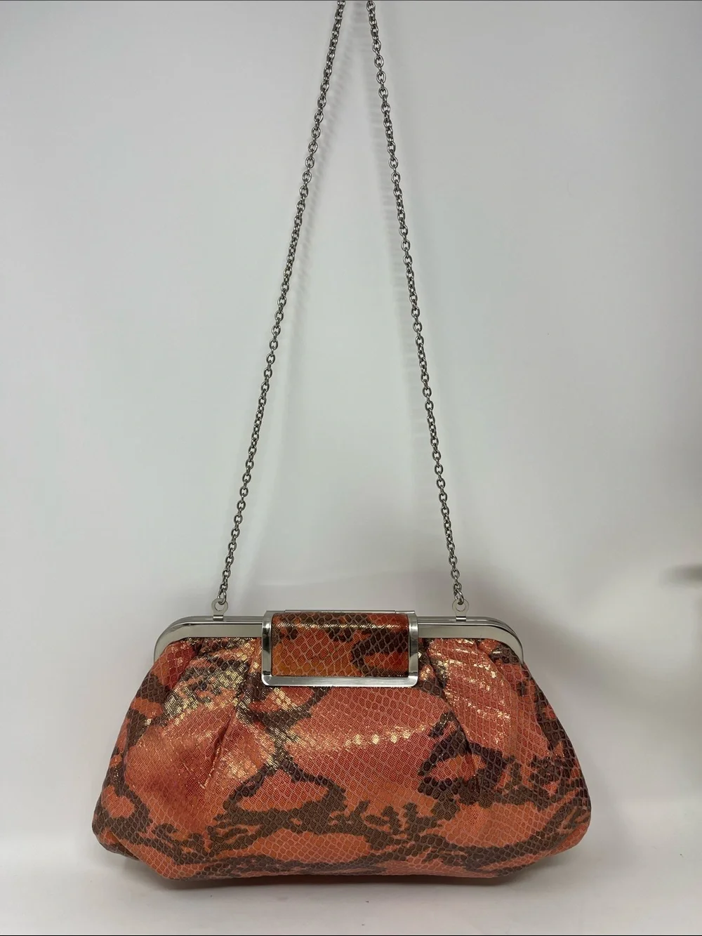 ANNABEL INGALL AUSTRALIA IRIDESCENT SNAKESKIN PEACH AND GRAY CLUTCH BAG