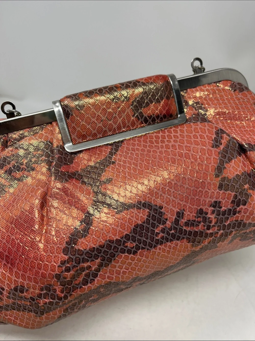 ANNABEL INGALL AUSTRALIA IRIDESCENT SNAKESKIN PEACH AND GRAY CLUTCH BAG
