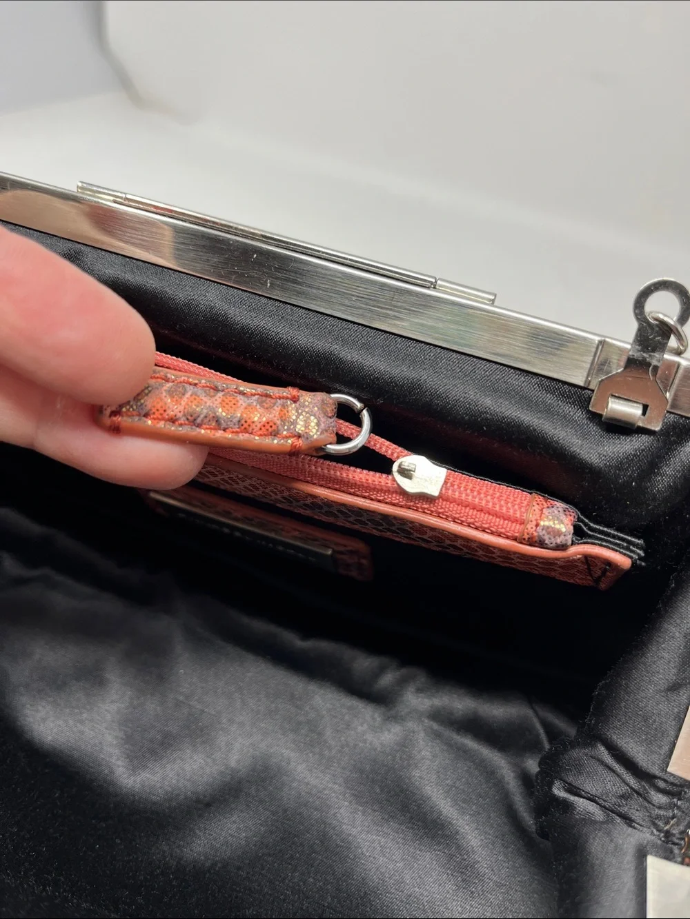 ANNABEL INGALL AUSTRALIA IRIDESCENT SNAKESKIN PEACH AND GRAY CLUTCH BAG
