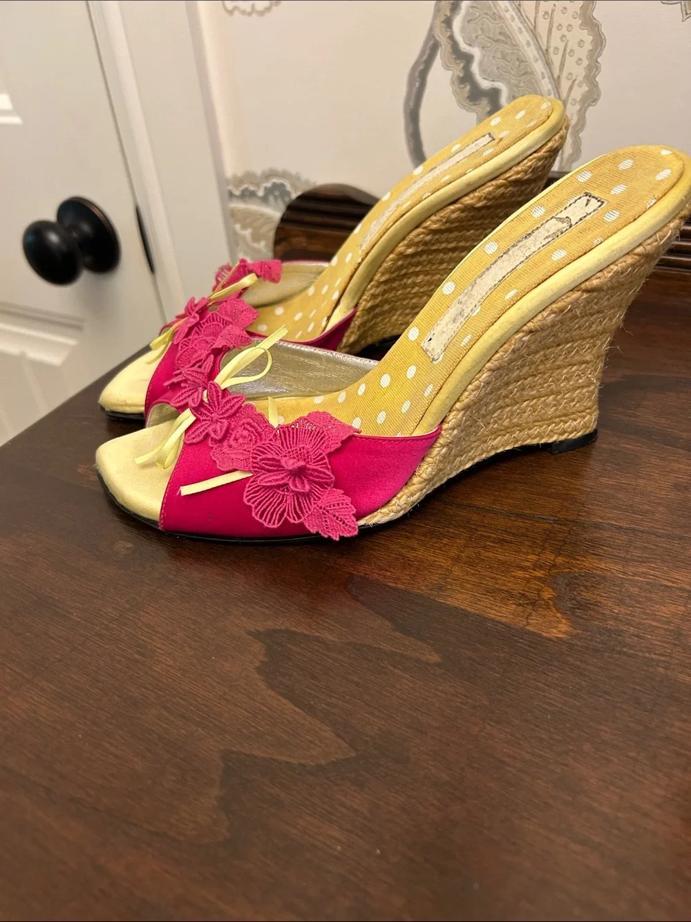 Christian Lacroix Pink Floral & Yellow Polka-Dot Espadrille Wedge Sandals