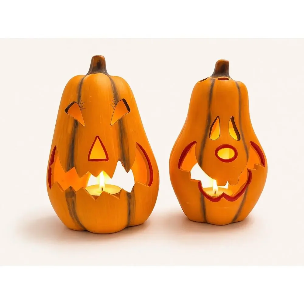 Vintage Ceramic Jack-O’-Lantern Candle Holders Set of 2 Retro Halloween