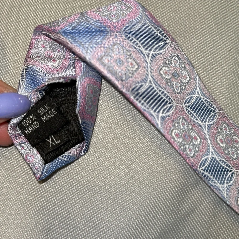 💰Bruno Piattelli XL Handmade 100% Silk Pink Blue Geometric Floral Neck Tie