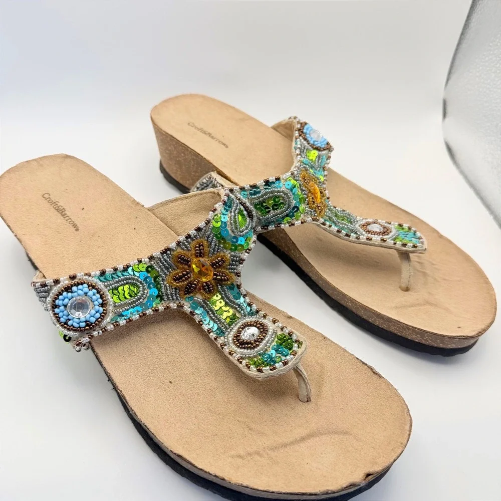 Vintage y2K Croft & Barrow Sequin Thong Wedges Sandals Embellished SZ 9.5