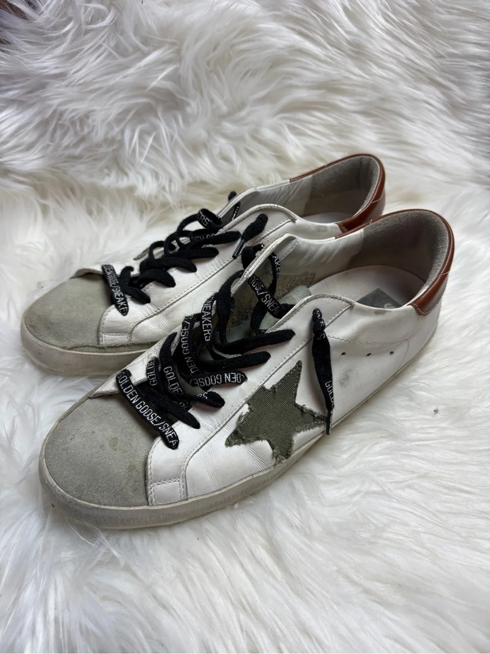 Golden Goose SUPER•STAR White Leather Star Sneakers with Olive and Brown