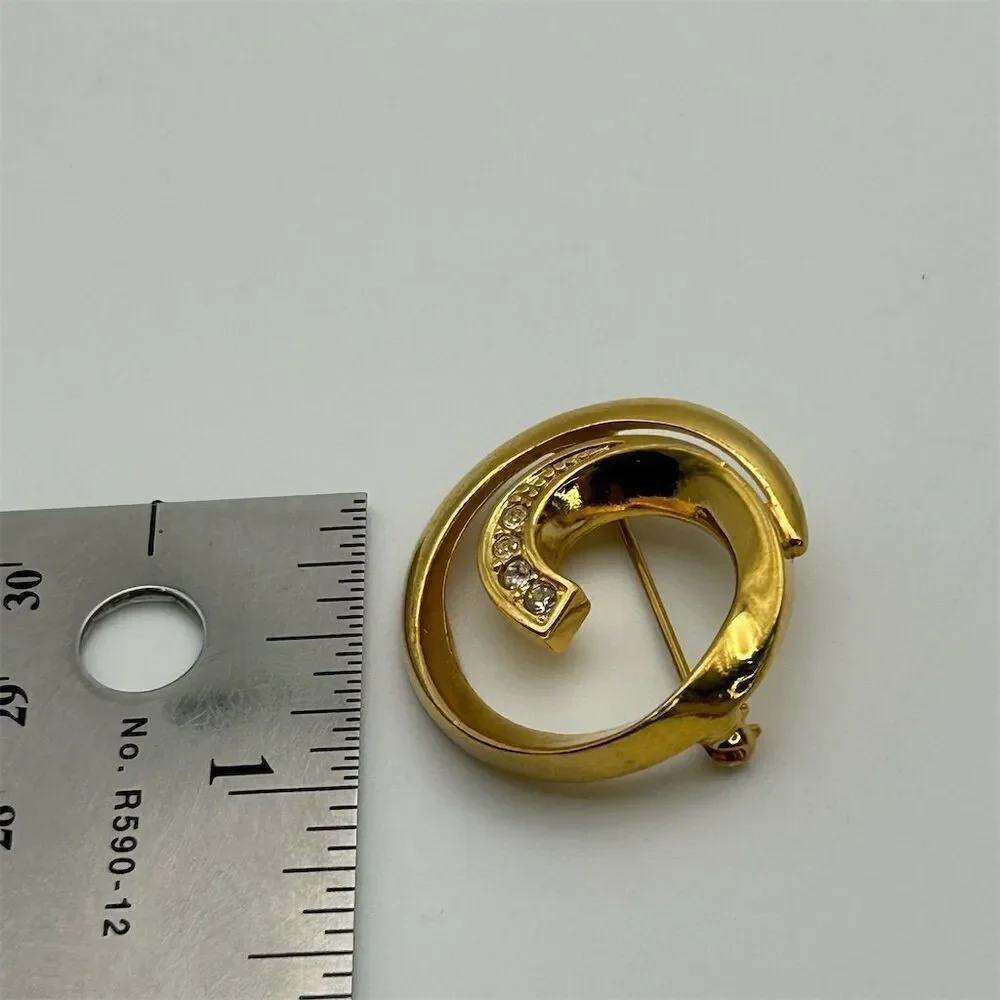 Vintage Avon Gold Tone Spiral Brooch with Clear Rhinestones Small Dainty Classic