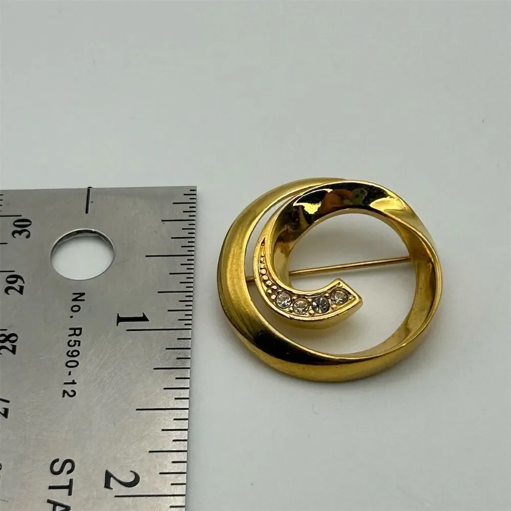 Vintage Avon Gold Tone Spiral Brooch with Clear Rhinestones Small Dainty Classic
