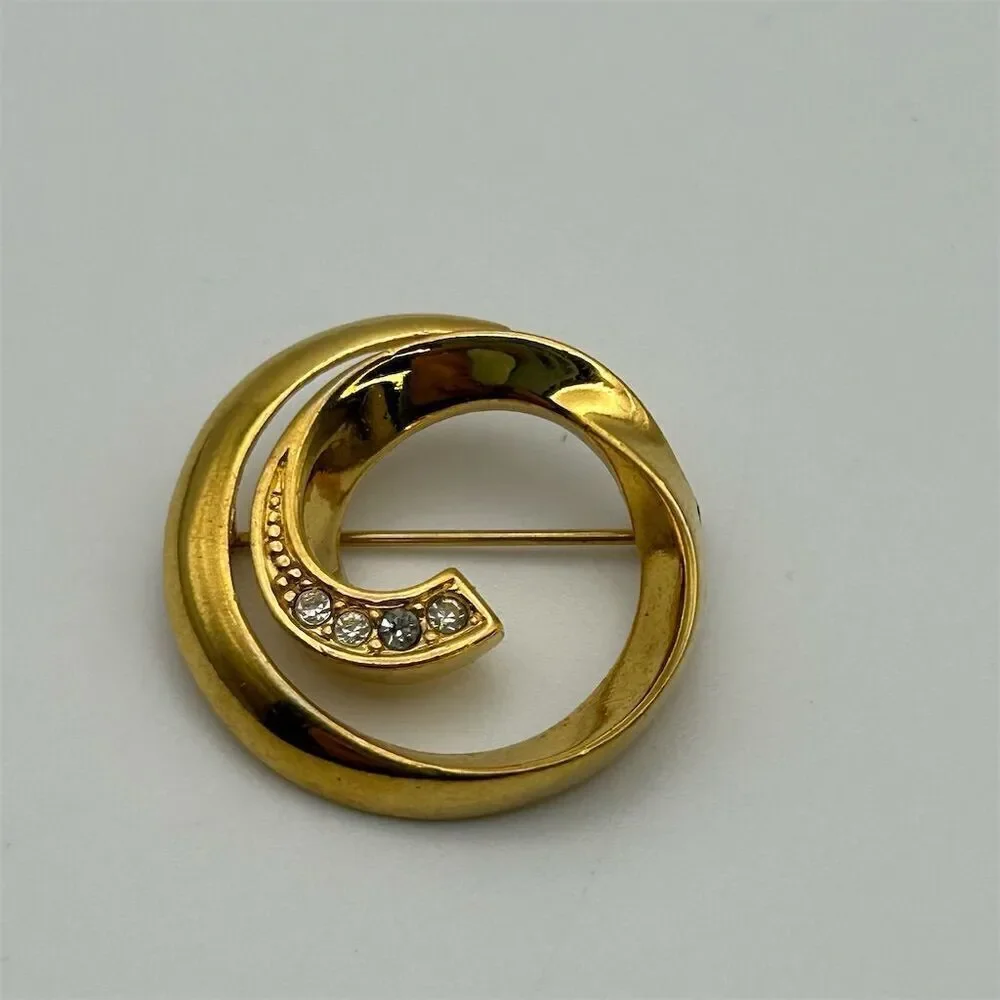 Vintage Avon Gold Tone Spiral Brooch with Clear Rhinestones Small Dainty Classic