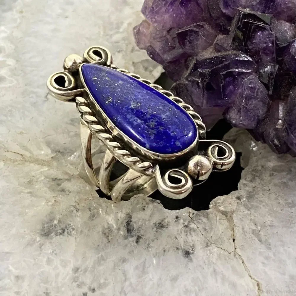 Native American Sterling Silver Lapis Decorated Teardrop Ring SZ 5.75 For Women