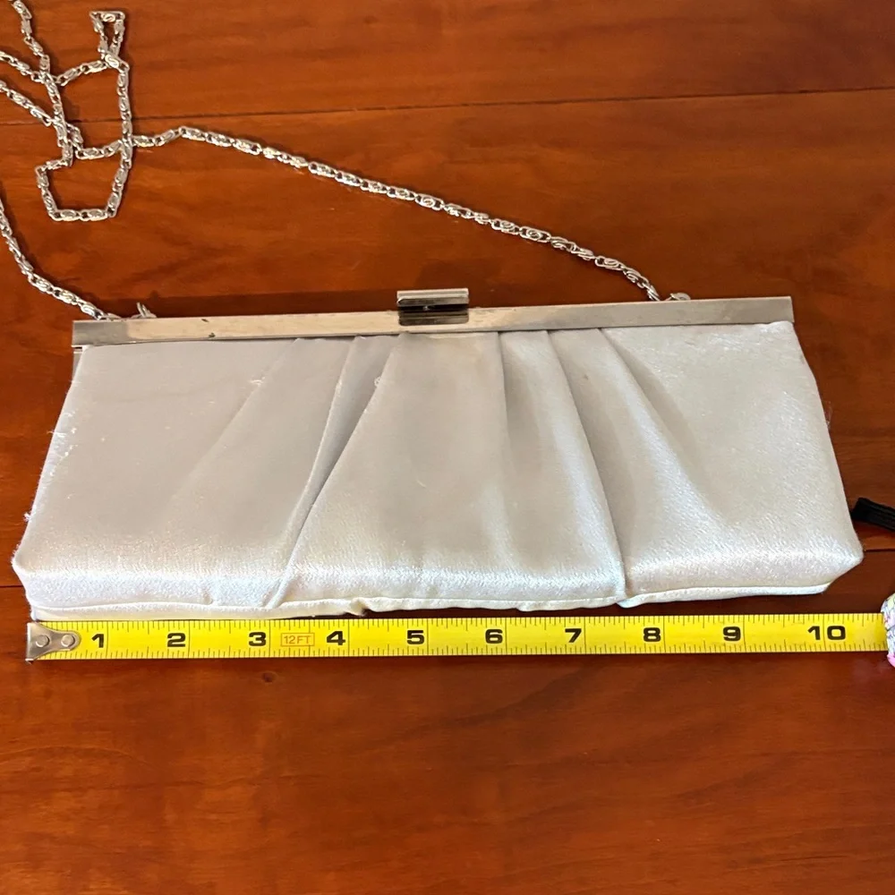Gunne Sax Silver Satin Evening Clutch w/ Chain Strap | Formal Prom Wedding