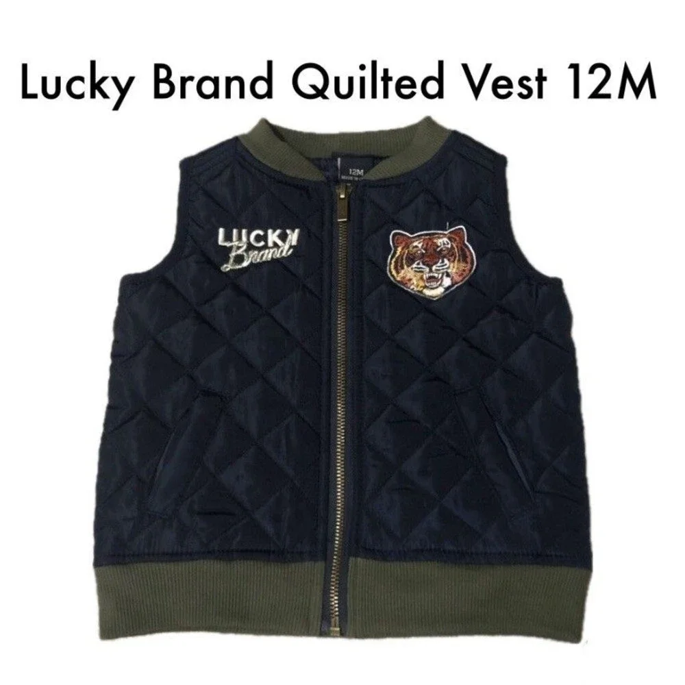 Lucky Brand Baby Boy Quilted Tiger Patch Vest Navy/Olive Size 12M