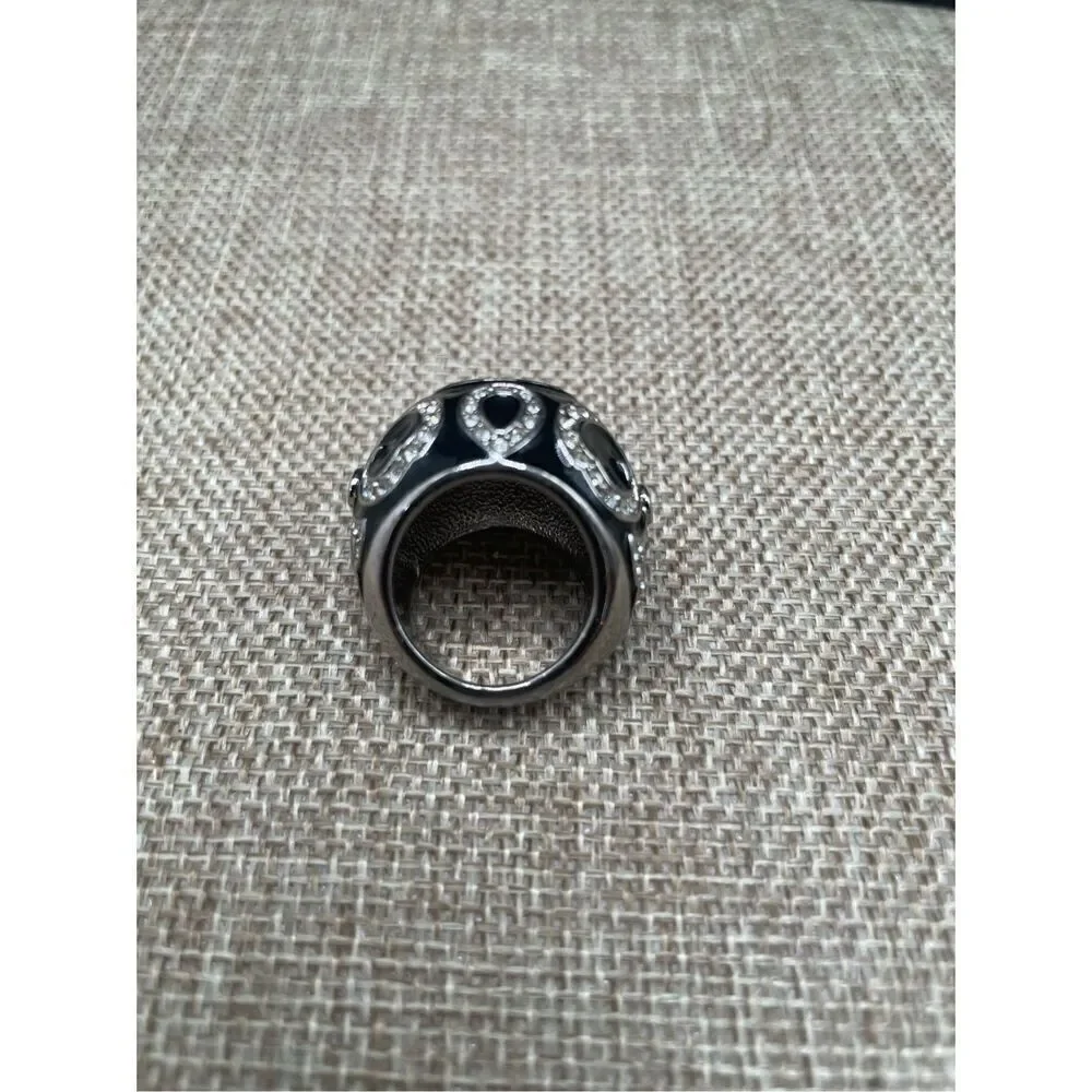 Black and Silver Dome Ring Black Enamel With Crystals in Swirl Patterns  Size 6