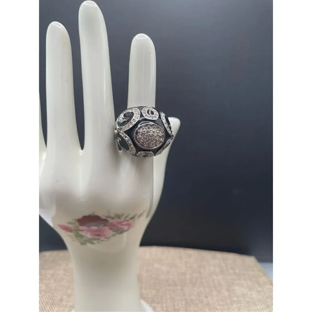 Black and Silver Dome Ring Black Enamel With Crystals in Swirl Patterns  Size 6