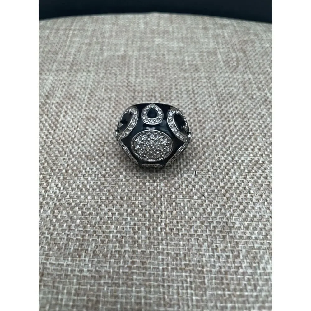 Black and Silver Dome Ring Black Enamel With Crystals in Swirl Patterns  Size 6