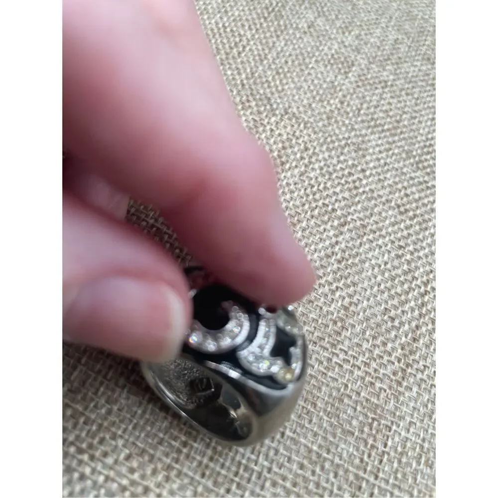 Black and Silver Dome Ring Black Enamel With Crystals in Swirl Patterns  Size 6