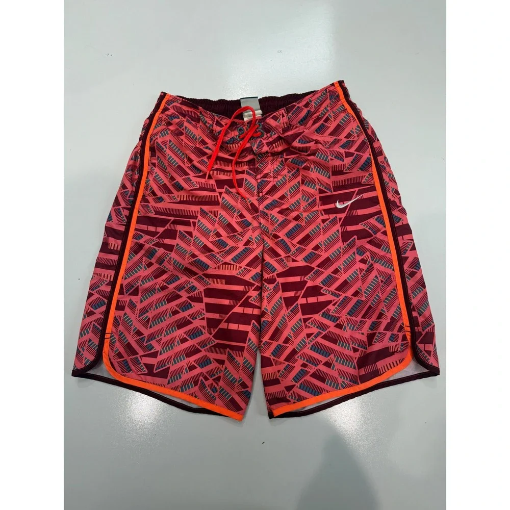 Nike Mens Swim Trunks Red Orange Geometric Abstract Print Mesh Lined Small