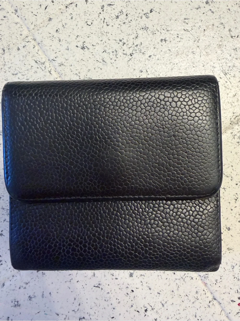 CHANEL Black Pebbled Leather Compact Wallet