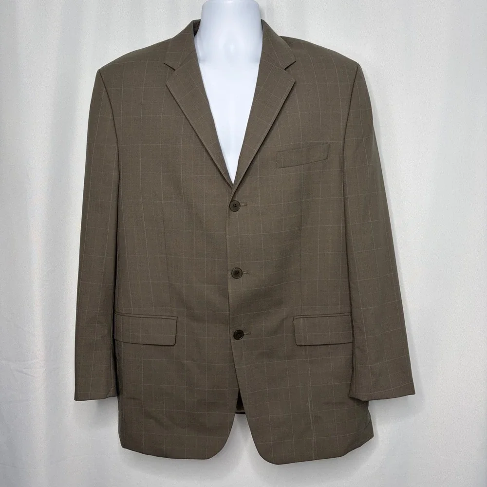 DKNY Mens‎ 42R Blazer Brown Windowpane Pure New Wool 3 Button Sport Coat Vintage