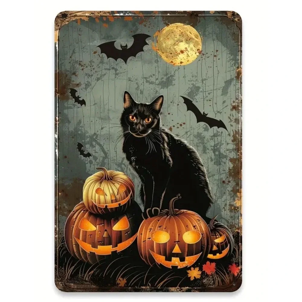 New Jack O Lantern Halloween Tin Metal Sign  8x12 Decoration Black Cat Pumpkin