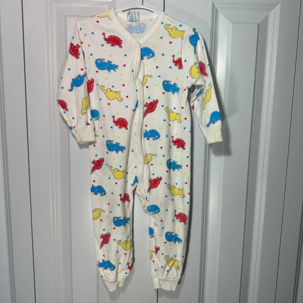 Carter's Dinosaur Union Suit Kids Large 19-26 lbs White Vintage Snap Romper USA