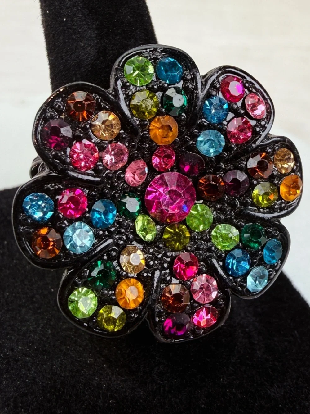 Multicolor Crystal black size 6 adjustable stretch Flower Statement Ring