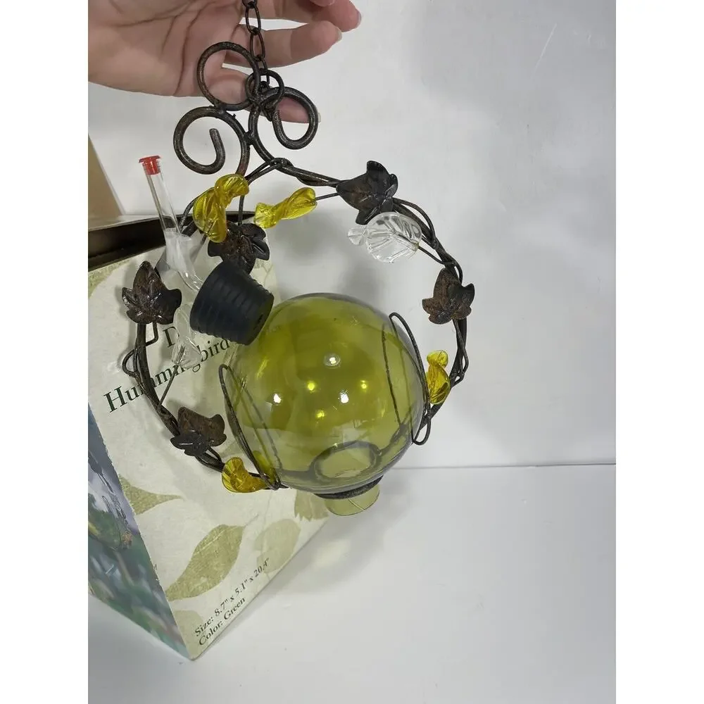 Expressive Garden Green Globe Deluxe Hummingbird‎ Feeder Hand Blown Glass Leaves