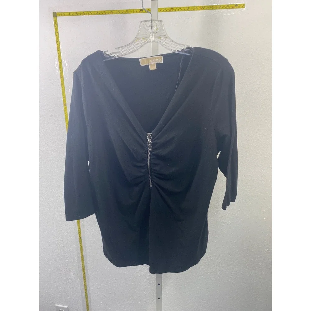Michael Michael Kors Black 3/4 Sleeve V-Neck Zip Ruched Front Top Plus Size 1X