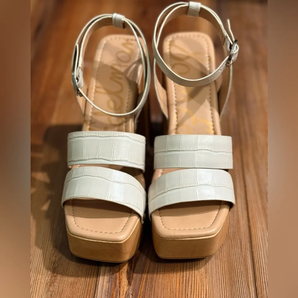 Sam Edelman Cream Croc-Embossed Platform Sandals with Ankle Strap