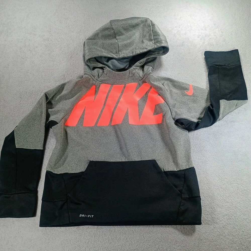 Nike Kids Dri-FIT Hoodie Grey Black Orange Size 5 Graphic Pullover