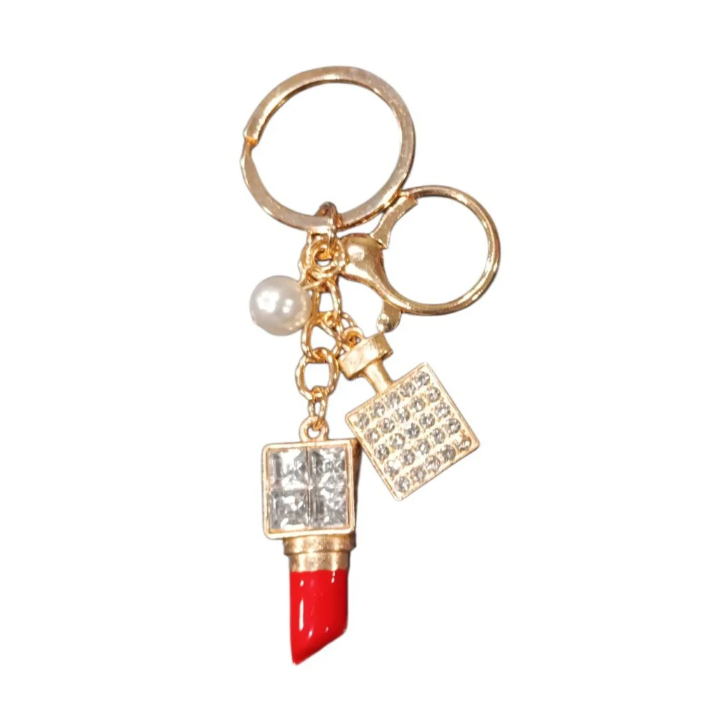 Rhinestone Lipstick, Perfume Bottle, Pearl Bling Keychain Purse Charm Red & Gold