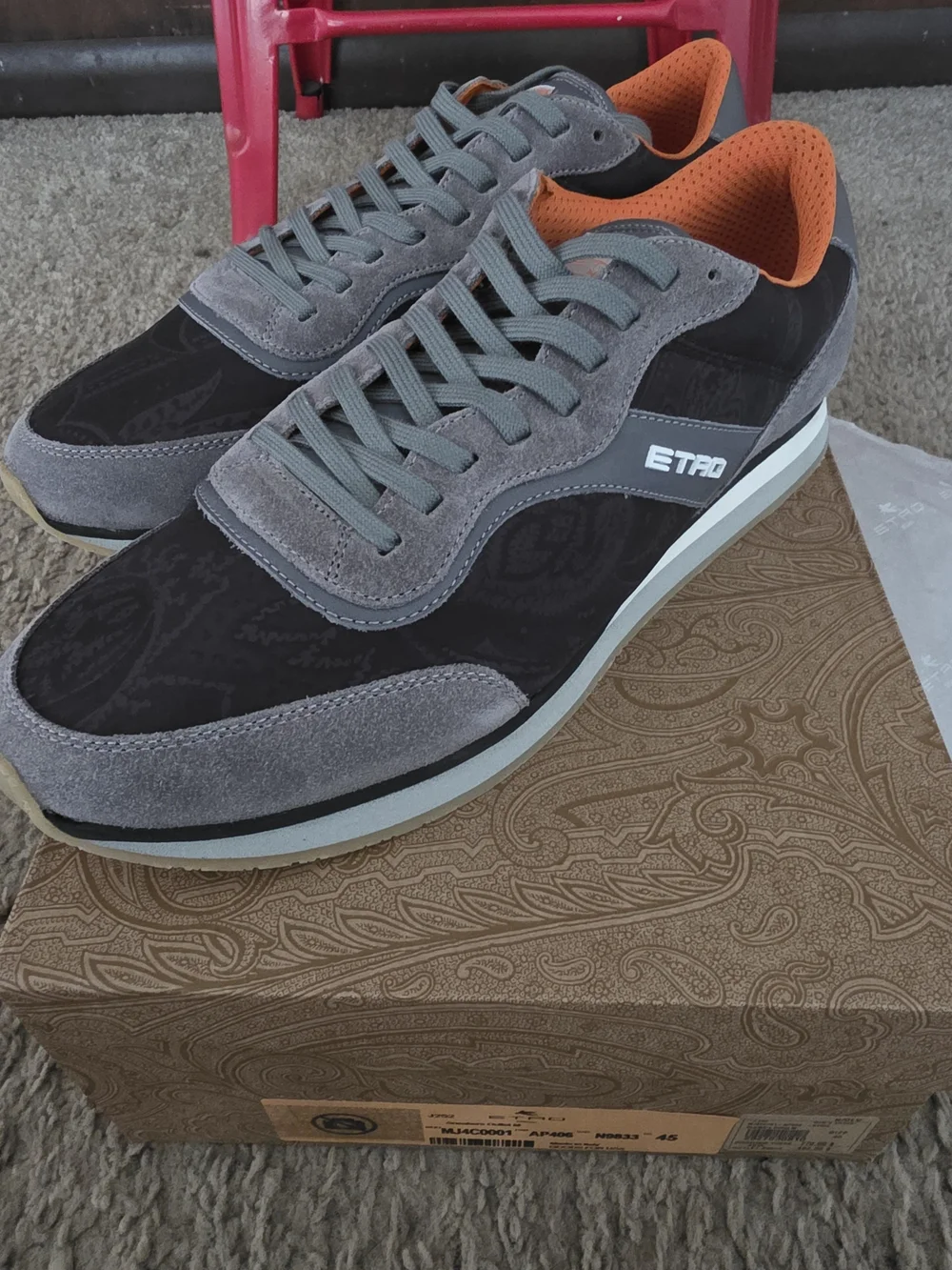 ETRO Men's Gray & Black Suede-Trim Sneakers with Orange Lining