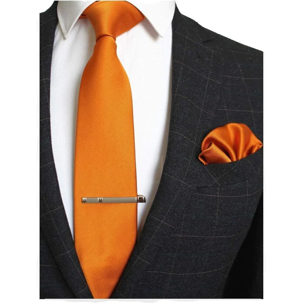 Men's Pumpkin Orange Colour Formal Necktie and Pocket Square Tie Clip Sets