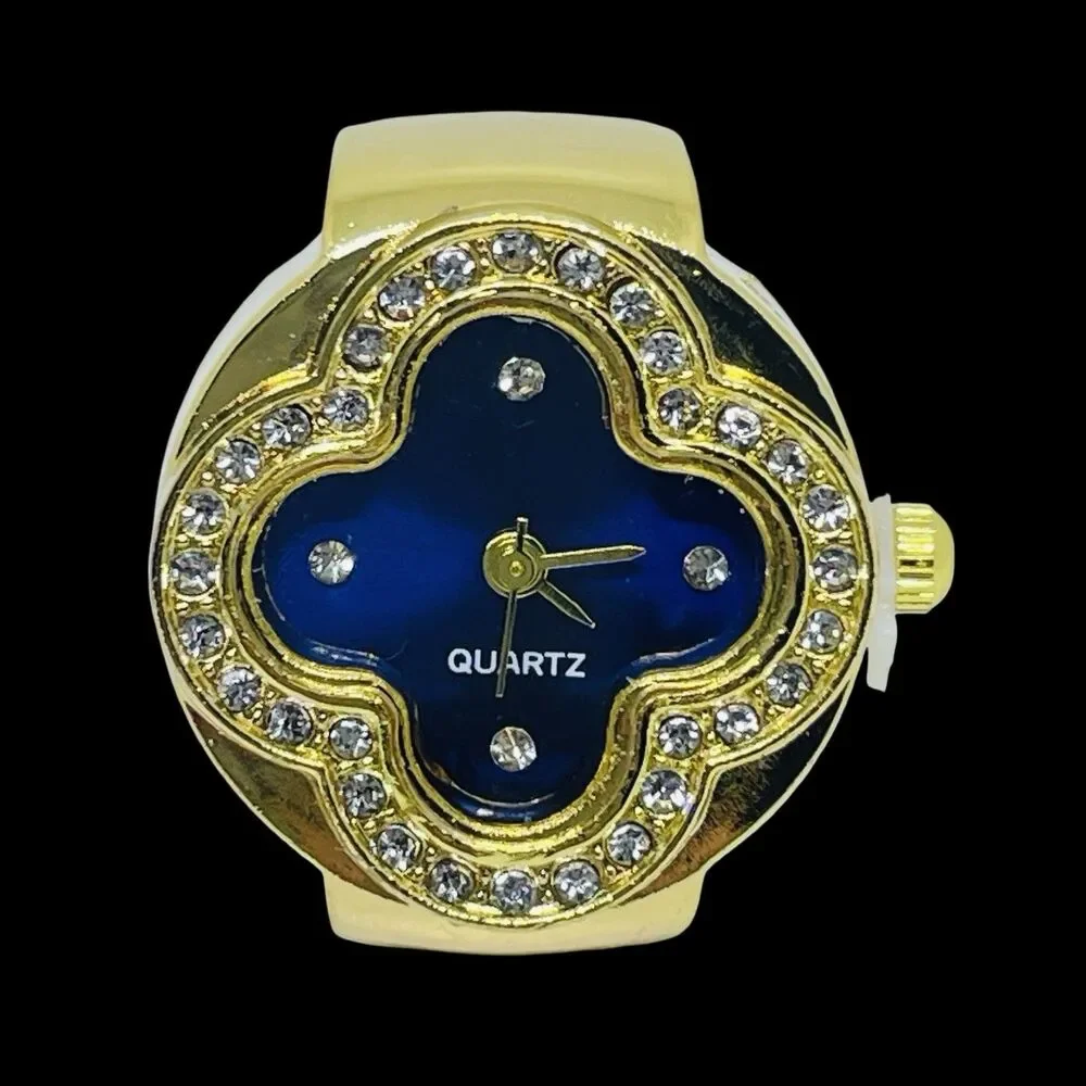 Ring Watch Gold Clover Design With Crystals New