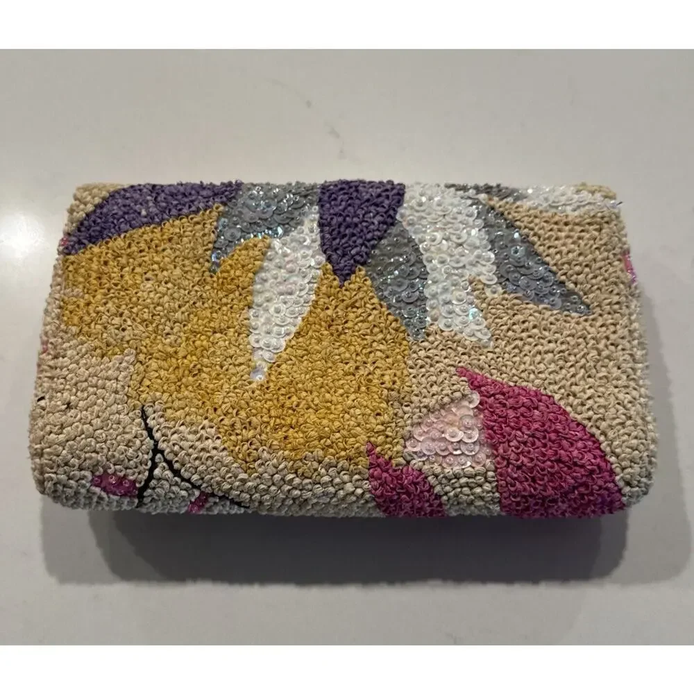 Floral Sequin Rafia Evening Clutch Purse Wedding Prom Vintage‎ Inspired Boho