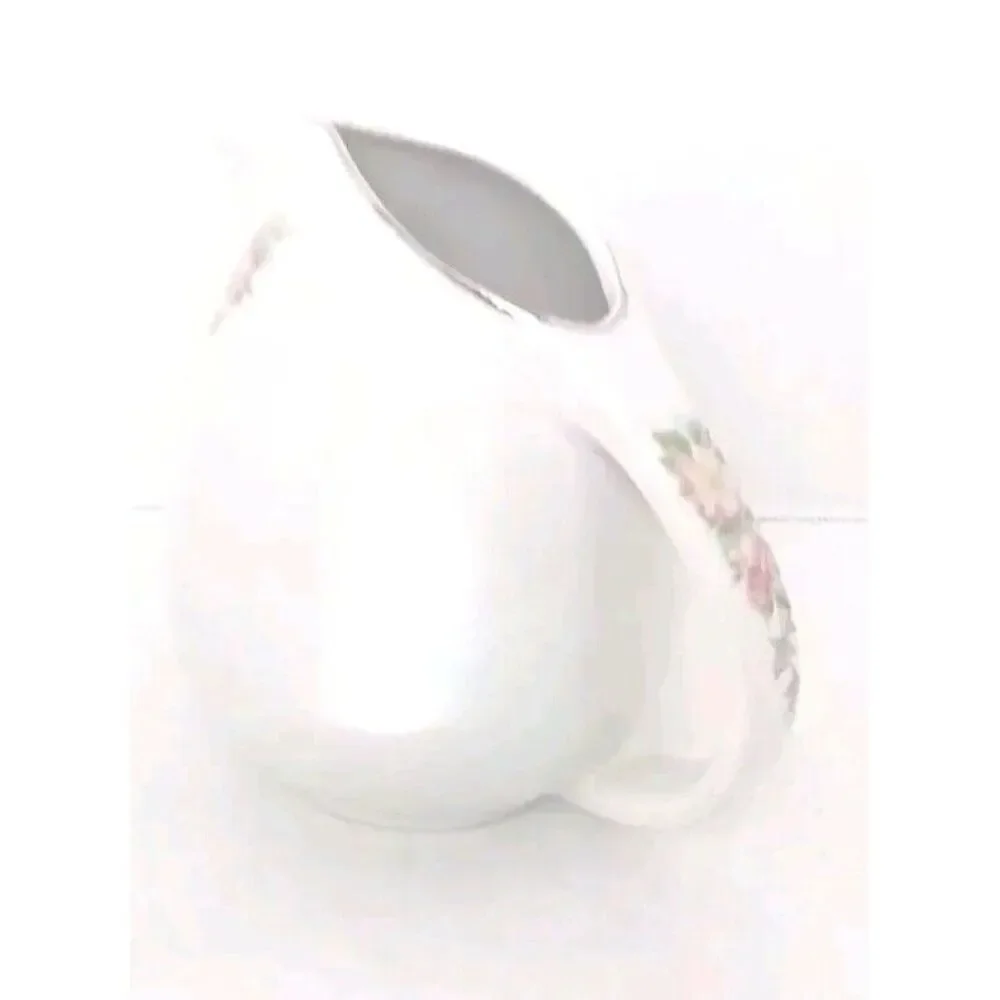 Floral Creamer Pitcher‎ White Porcelain Rose Accent Silver Trim Decor