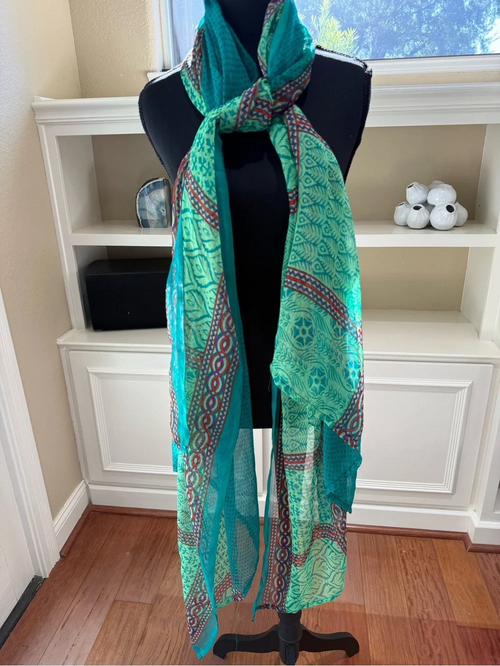 HUGE Scarf 3 X 7 Ft Lightweight Green Teal Patterned Scarf - Women Accessories