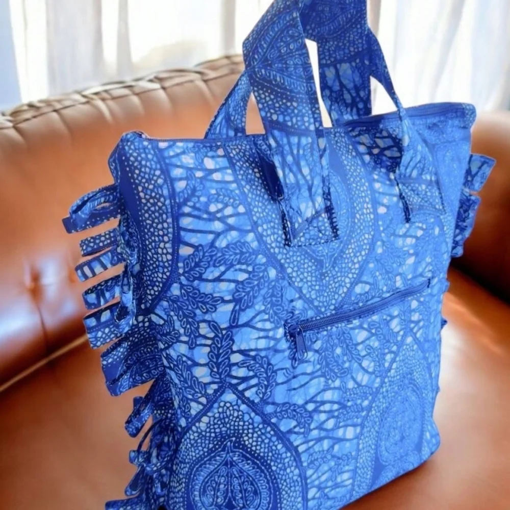 Luxurious Blue Ruffled Tote Bag