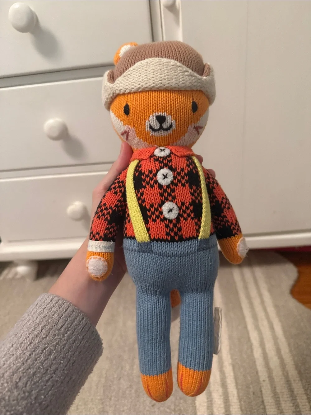 Hand-Knit Orange Fox Plush Doll Pair - Blue & Red Outfit Sadie fox and Wyatt fox
