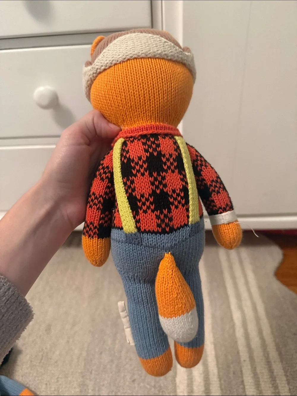 Hand-Knit Orange Fox Plush Doll Pair - Blue & Red Outfit Sadie fox and Wyatt fox