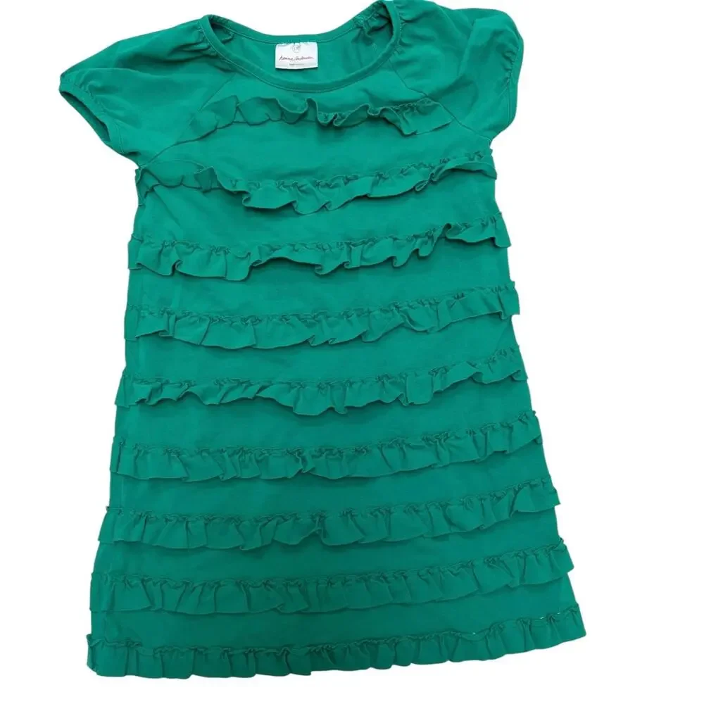 Hanna Andersson Emerald Green Ruffle Dress Girls Size 120 6/7 Cotton Knit