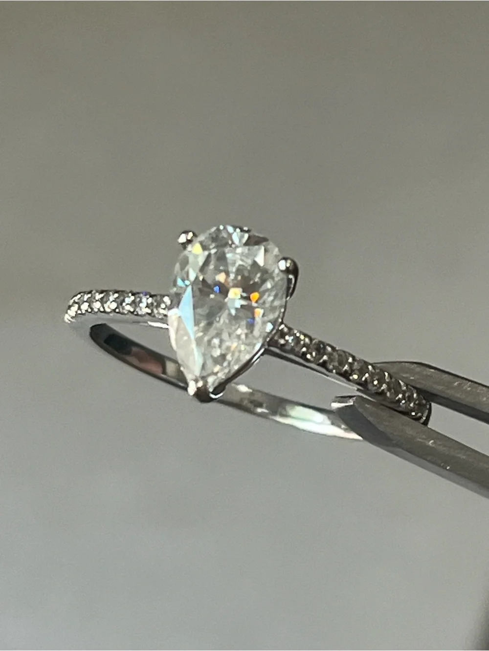 14k White Gold Pear-Shaped Moissanite Pavé Engagement Ring
