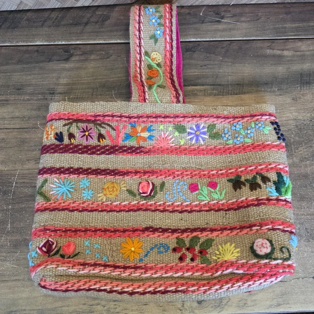 Colorful‎ Jute Burlap Bag Yarn Embroidery Boho Flowers Corduroy Lined Pocket