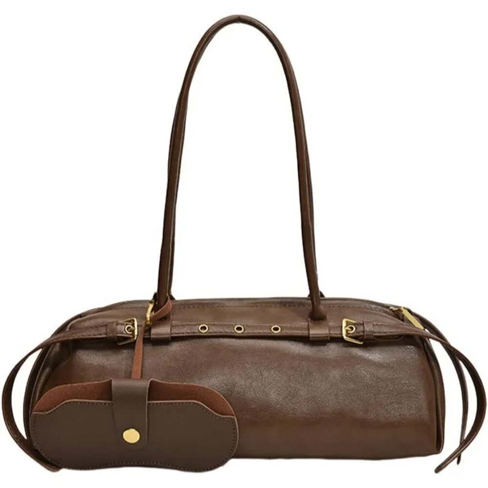 Wome'ns Brown PU Leather Tote Bag Casual Bowling Bag Purse Retro Underarm