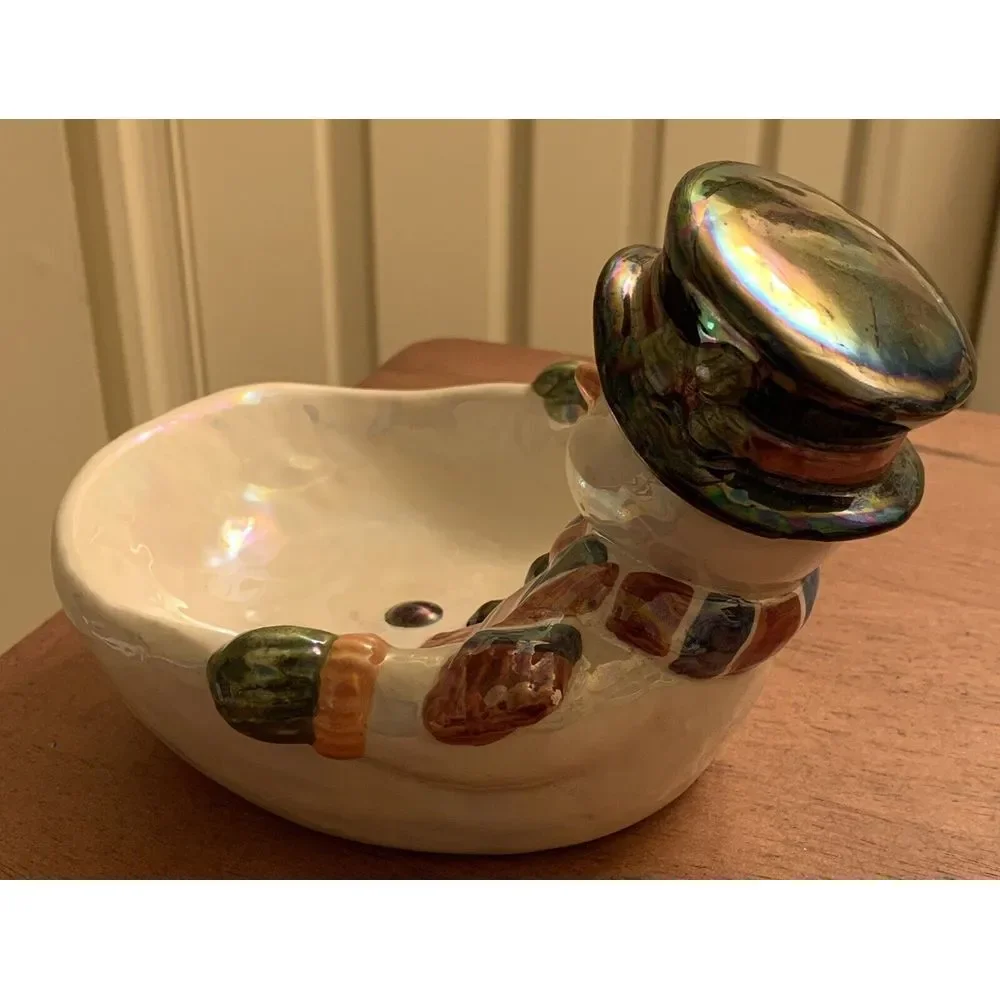 Vintage Glass Christmas Snowman Bowl/‎ Trinket/ Soap Dish 6
