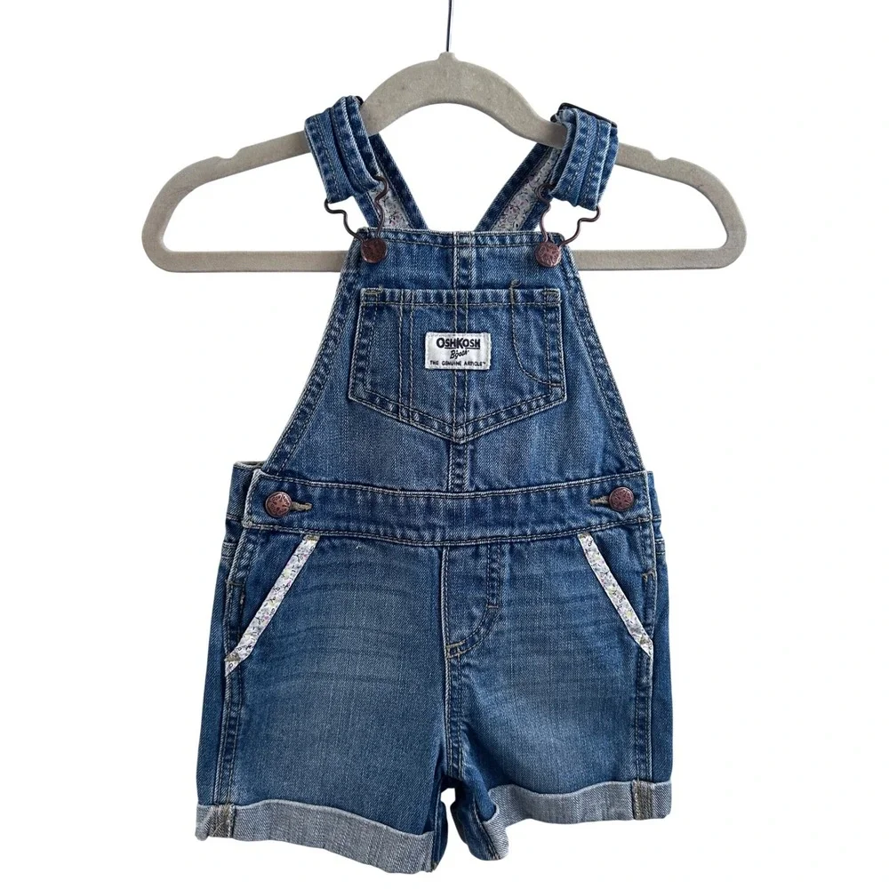OshKosh Denim Shortalls 18M Blue Floral Trim Overalls Kids‎