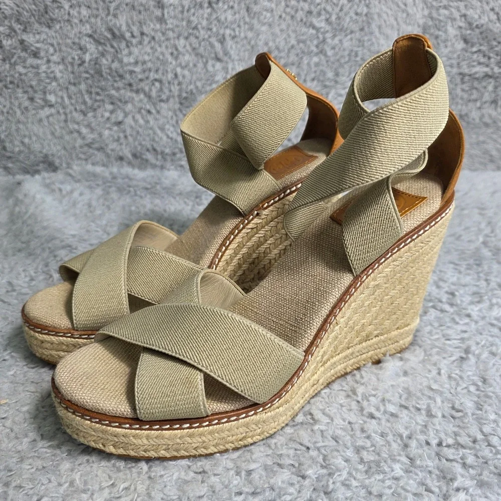Tory Burch Frieda Espadrille Wedge‎ Sandals Beige Ankle Strap Women 7.5M NEW