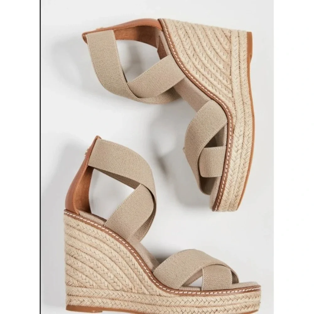 Tory Burch Frieda Espadrille Wedge‎ Sandals Beige Ankle Strap Women 7.5M NEW