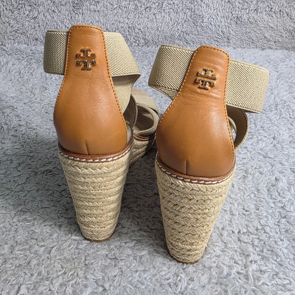 Tory Burch Frieda Espadrille Wedge‎ Sandals Beige Ankle Strap Women 7.5M NEW
