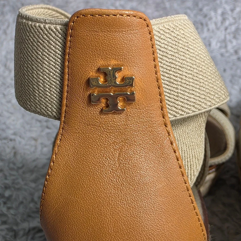 Tory Burch Frieda Espadrille Wedge‎ Sandals Beige Ankle Strap Women 7.5M NEW