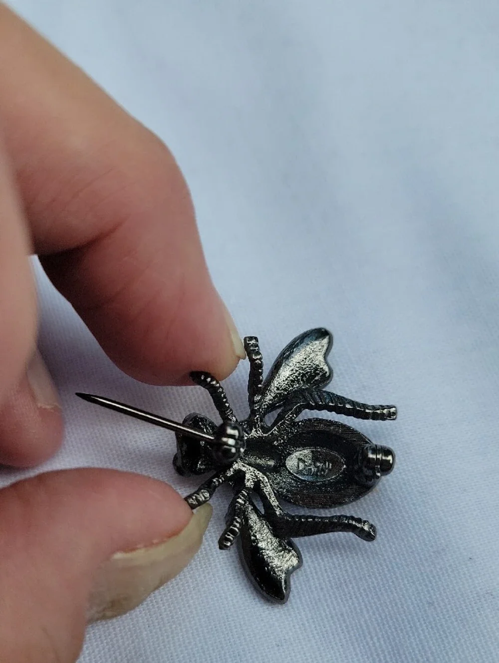 Vintage Joan Rivers Gunmetal Bee Brooch with Clear and Green Crystals