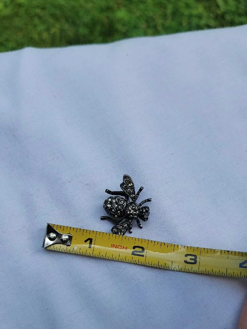 Vintage Joan Rivers Gunmetal Bee Brooch with Clear and Green Crystals